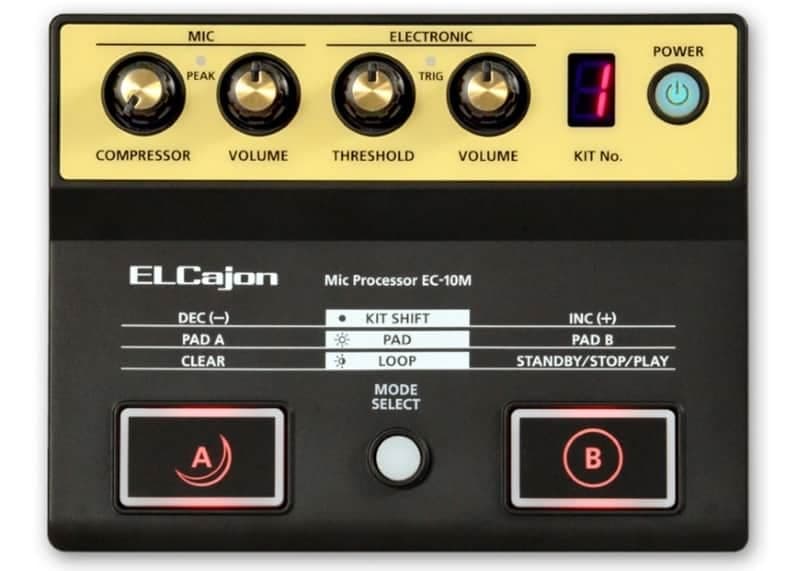 Roland EL Cajon Mic Processor, clip-on condenser microphone (with attached cable), & AC adapter.