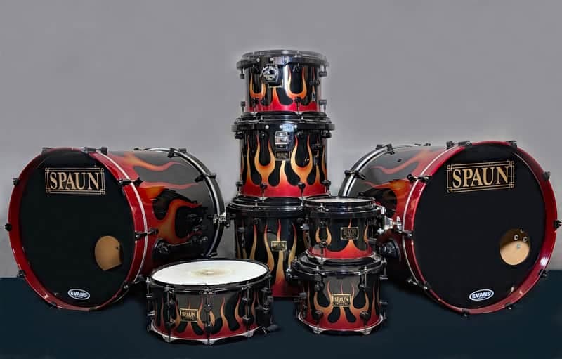 Spaun 22/22/8/10/12/14/16/6.5x14" Drum Set w/ May Mic System - Flame On